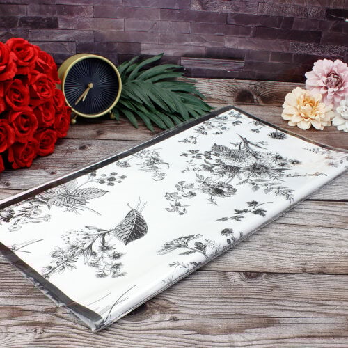 Çiçek Buket Ambalaj Kağıdı Beyaz Siyah Çiçek Desenli 20'li Paket - 3