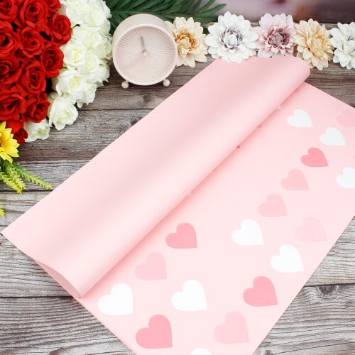 Çiçek Buket Ambalaj Kağıdı Renkli Kalp Desen Pembe 20'li Paket - Kare Dekor