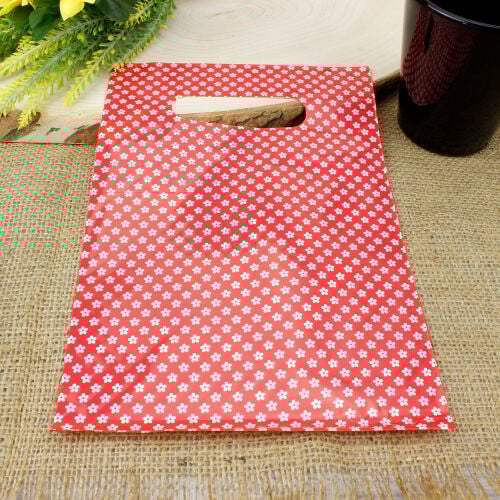 Çiçek Desenli Hediyelik El Geçme Poşeti Kırmızı 17x25CM 50'li Paket - 1