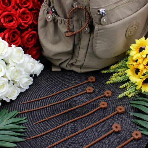 Çiçek Uçlu Kilitli Bağlama İp Charm Aksesuar Kahverengi  - Kare Dekor