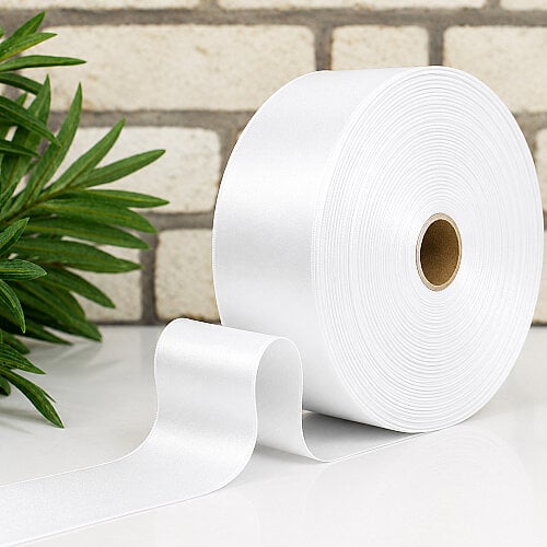 Çift Taraflı 66mm Saten Kurdele Beyaz 100 Metre Bobin - Kare Dekor