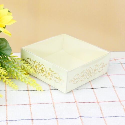 Desenli Altı Krem Karton Üstü Asetat Kutu 8x8x3CM - 1