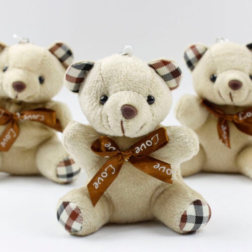 Ekose Desenli Peluş Ayıcık Anahtarlık Kahverengi 12'li Paket - 1