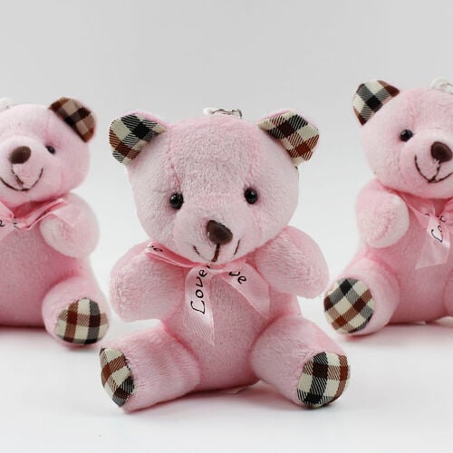 Ekose Desenli Peluş Ayıcık Anahtarlık Pembe 12'li Paket - 1