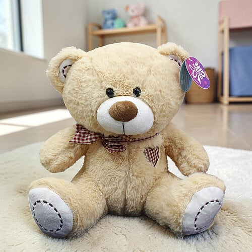 Ekose Fularlı Peluş Ayı Bej 30 cm - Toptanalim