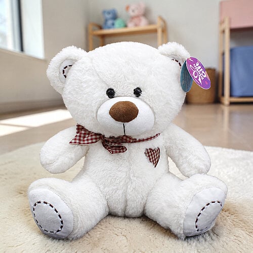 Ekose Fularlı Peluş Ayı Beyaz 28 cm - Toptanalim