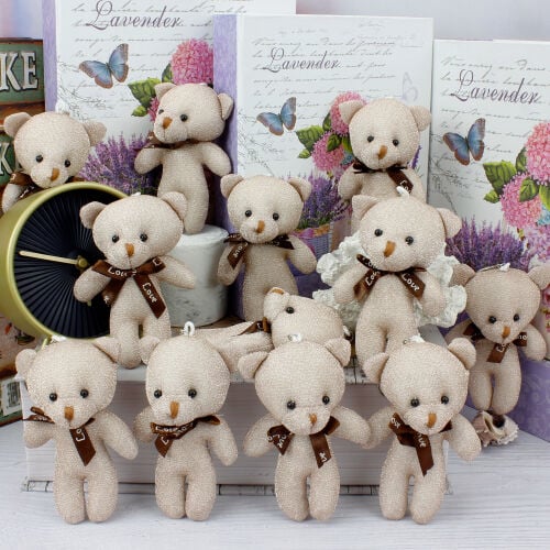Fiyonklu Simli Peluş Ayıcık Anahtarlık Kahverengi 12'li Paket - 1
