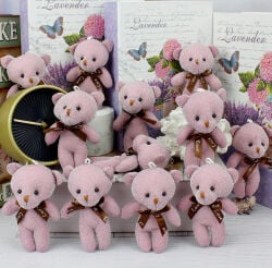 Fiyonklu Simli Peluş Ayıcık Anahtarlık Pembe 12'li Paket - 1