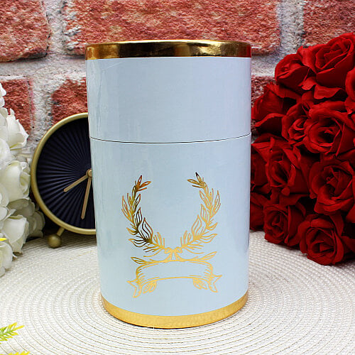 Gold Yaldızlı Silindir Hediye Kutusu Beyaz 10x17 cm - Toptanalim