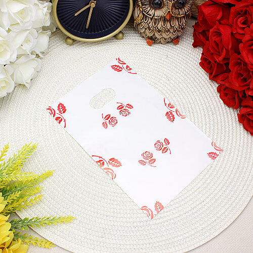 Gül Desenli Hediyelik El Geçme Poşeti Beyaz Kırmızı 13x20 cm 50’li Paket - Toptanalim