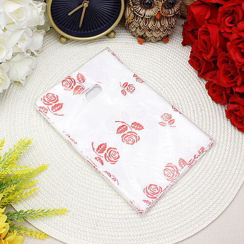 Gül Desenli Hediyelik El Geçme Poşeti Beyaz Kırmızı 13x20 cm 50’li Paket - Toptanalim (1)