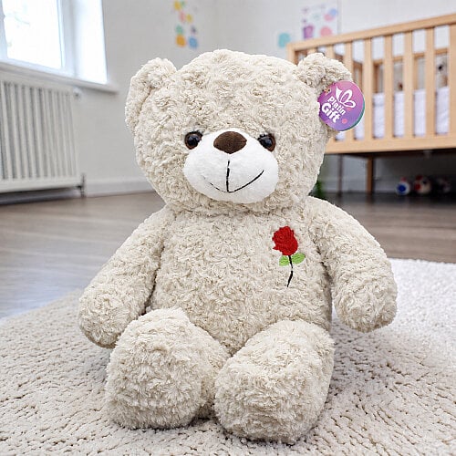 Gül Nakışlı Peluş Ayı Krem 55 cm - Toptanalim