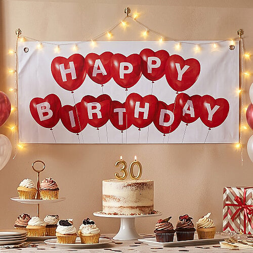 Happy Birthday Yazılı Kalp Balon Desenli Doğum Günü Parti Fon Afişi 80 cm - Toptanalim