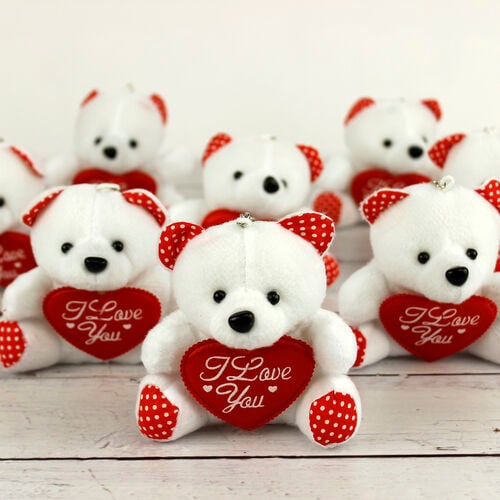 I Love You Büyük Boy Peluş Ayıcık Anahtarlık Beyaz 12'li Paket - 1