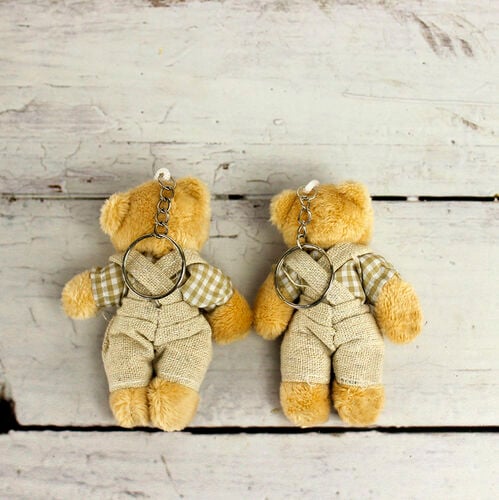 Kahve Ekose Elbiseli Peluş Ayıcık Anahtarlık Erkek 12'li Paket - 2