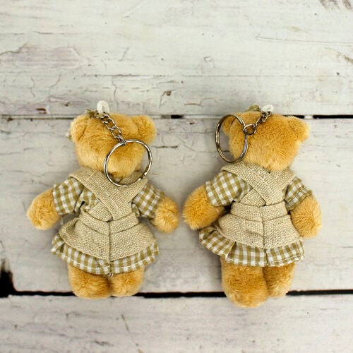 Kahve Ekose Elbiseli Peluş Ayıcık Anahtarlık Kız 12'li Paket - 2