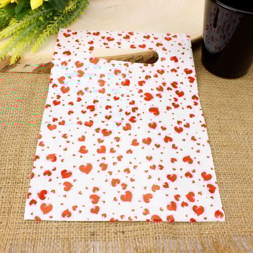 Kalp Desenli Hediyelik El Geçme Poşeti Beyaz 12x17CM 50'li Paket - 1