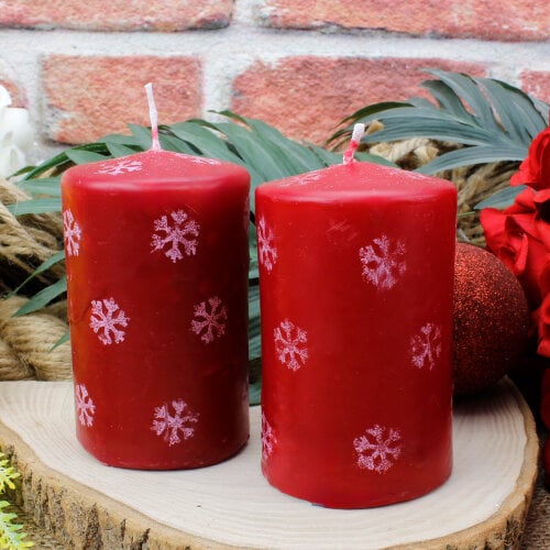 Kar Desenli Silindir Mum İkili Set Kırmızı 9 CM - Toptanalim