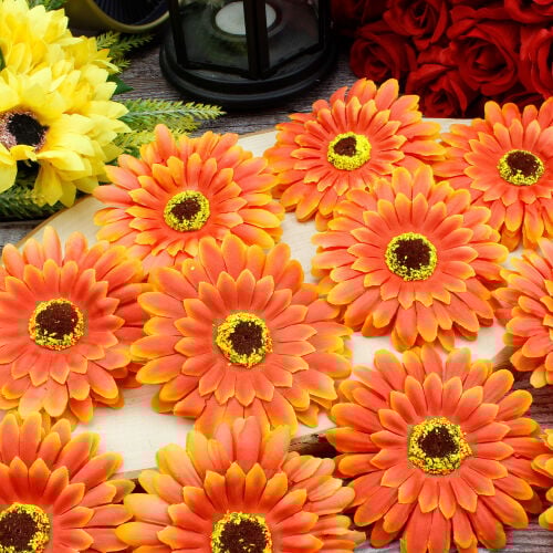 Lüks Kumaş Gerbera Kafa 10CM 50'li Paket Turuncu - 1