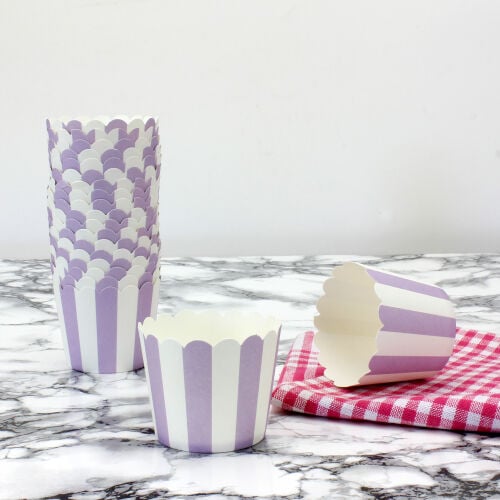 Muffin Kek Kalıbı 25'li Paket Lila Beyaz Çizgili - Kare Dekor