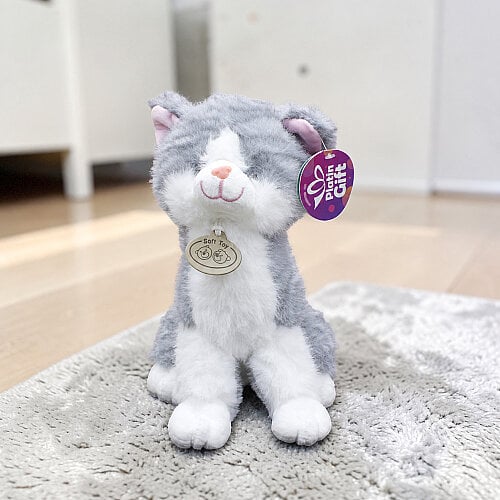 Oturan Sevimli Peluş Tekir Kedi Gümüş Gri 27 cm - Toptanalim