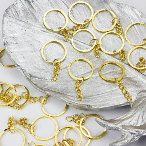 Paslanmaz Gold Zincirli Yassı Anahtarlık Halkası 100'lü Paket - Kare Dekor