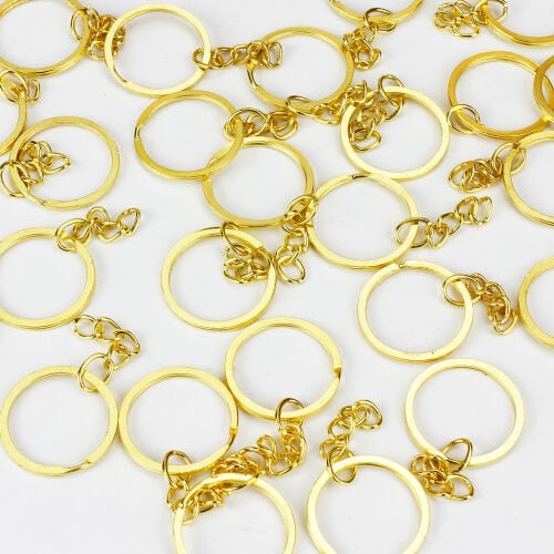 Paslanmaz Gold Zincirli Yassı Anahtarlık Halkası 50'li Paket - Kare Dekor (1)