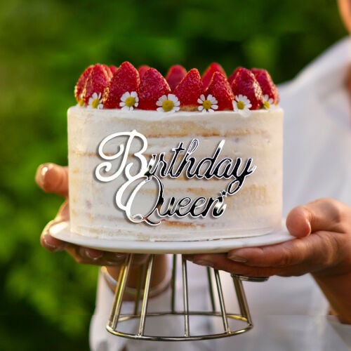 Pasta Önü Pleksi Birthday Queen Yazı Gümüş - 1