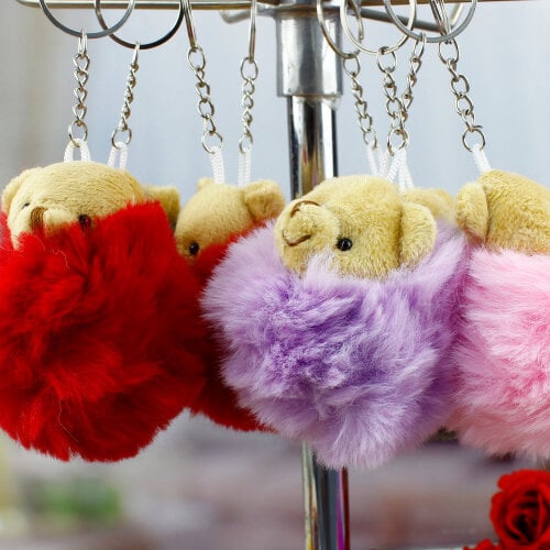Peluş Ayıcıklı Renkli Ponpon Anahtarlık 12’li Paket - Toptanalim