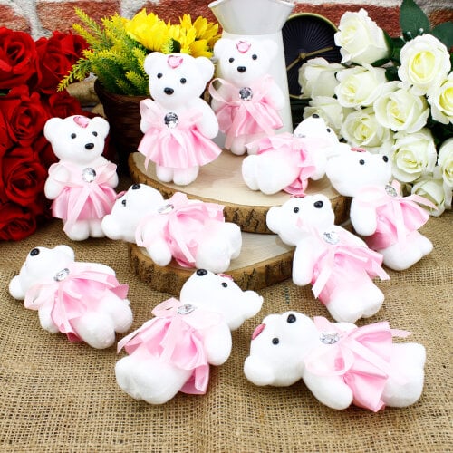 Pembe Elbiseli Gelin Strafor Buket Ayıcık 12CM 10'lu paket - Kare Dekor