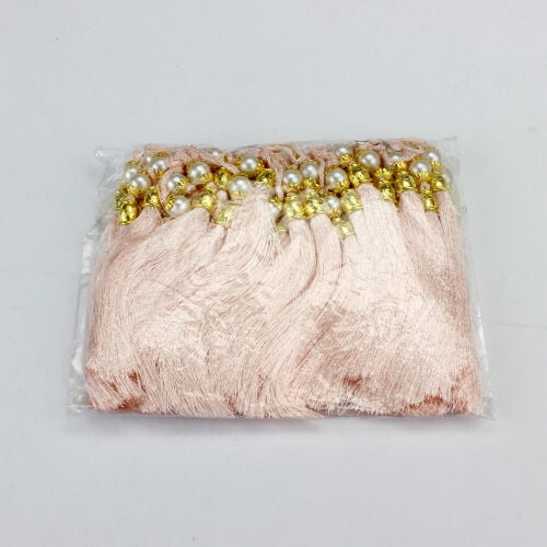 Açık Pembe Gold Kapaklı İncili Püskül 12 CM - Kare Dekor (1)