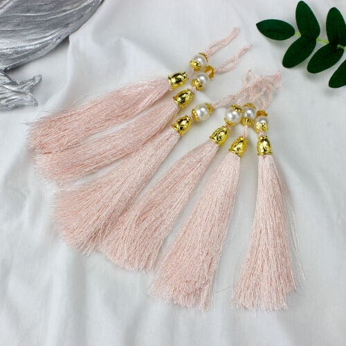 Açık Pembe Gold Kapaklı İncili Püskül 12 CM - Kare Dekor