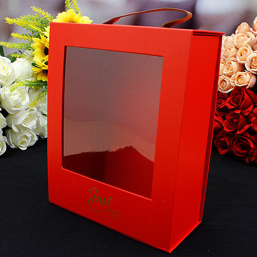 Pencereli Saplı Çiçek Taşıma Kutusu 18x23x8,5 cm Kırmızı - Toptanalim