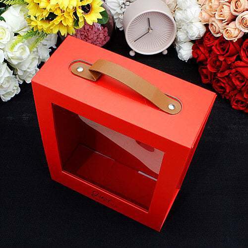 Pencereli Saplı Çiçek Taşıma Kutusu 21x27x9 cm Kırmızı - Toptanalim (1)