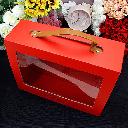 Pencereli Saplı Çiçek Taşıma Kutusu 30x24x9,5 cm Kırmızı - Toptanalim (1)