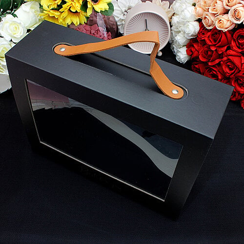 Pencereli Saplı Çiçek Taşıma Kutusu 30x24x9,5 cm Siyah - Toptanalim (1)