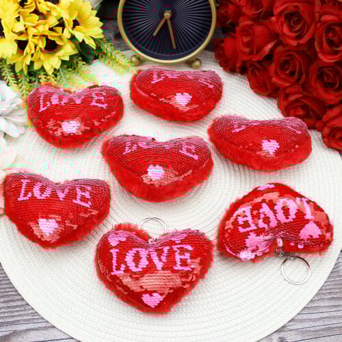 Pullu Love Kalp Kırmızı Anahtarlık 12'li Paket - 1
