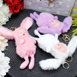 Renkli Şapkalı Porselen Bebek Ponpon Tavşan Anahtarlık 12'Li Paket - 3