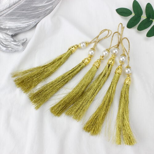 Sarı Gold Kapaklı İncili Püskül 12 CM - Kare Dekor