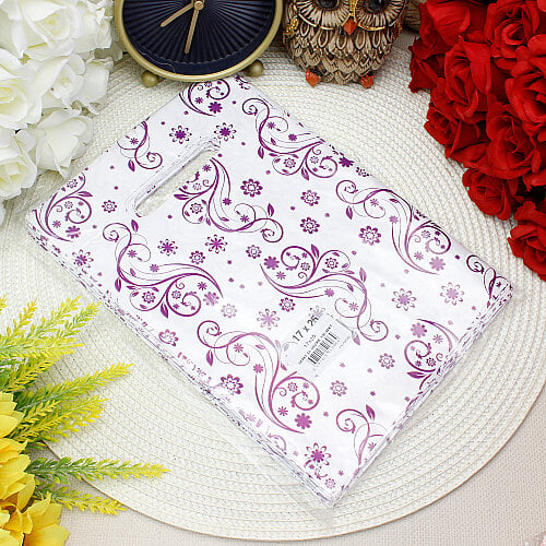 Sarmaşık Desenli Hediyelik El Geçme Poşeti Beyaz Mor 17x25 cm 50’li Paket - Toptanalim (1)