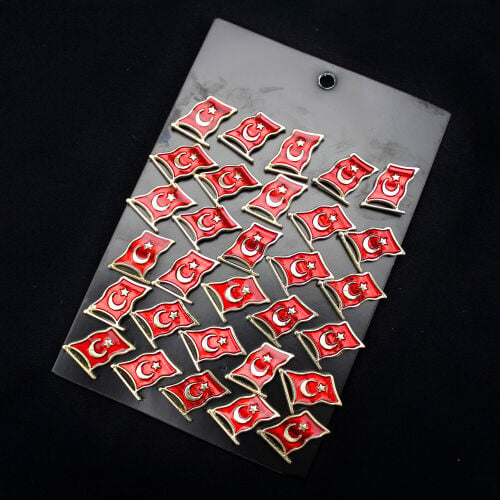 Türk Bayrağı Yaka Rozet Gold 30'lu Paket - Kare Dekor (1)