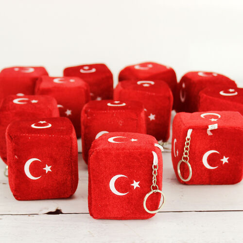 Türk Bayraklı Zar Peluş Anahtarlık Büyük Boy 12'li Paket - 1