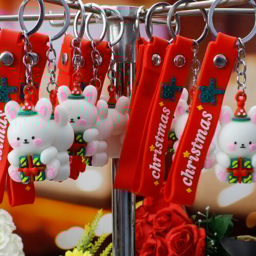 Yılbaşı Tasarım Silikon Bileklikli Anahtarlık Model 11 12'Li Paket - Kare Dekor