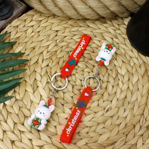 Yılbaşı Tasarım Silikon Bileklikli Anahtarlık Model 11 12'Li Paket - Kare Dekor (1)