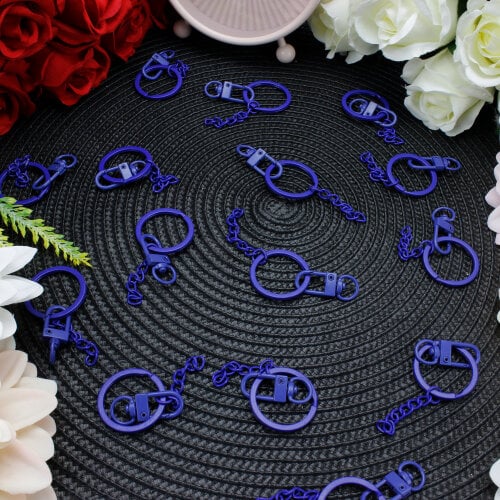 Zincirli Metal Halka Anahtarlık Klipsi Mavi - Kare Dekor